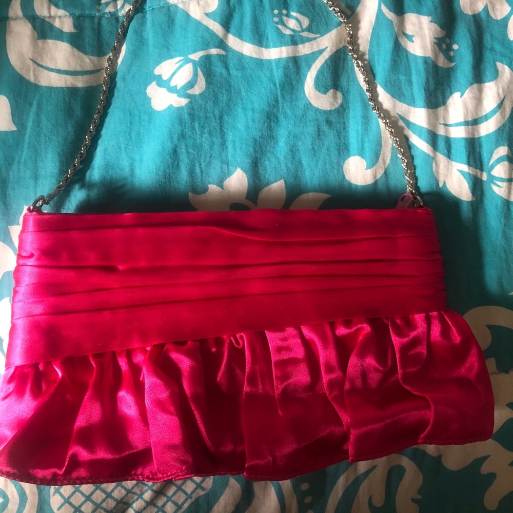 Pink Ruffled Clutch With Silver Chain